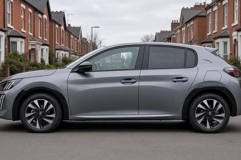 Peugeot 208 second generation facelift in Selenium Grey, side view on a British terraced street, the whole hatchback visible