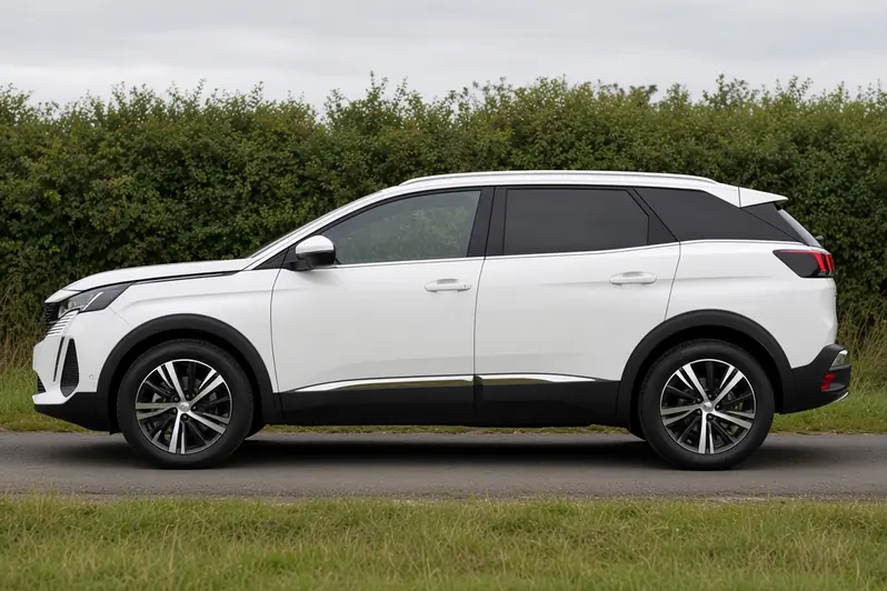 Peugeot 3008 second generation in Pearlescent White, side view on a British country lane, the whole SUV visible