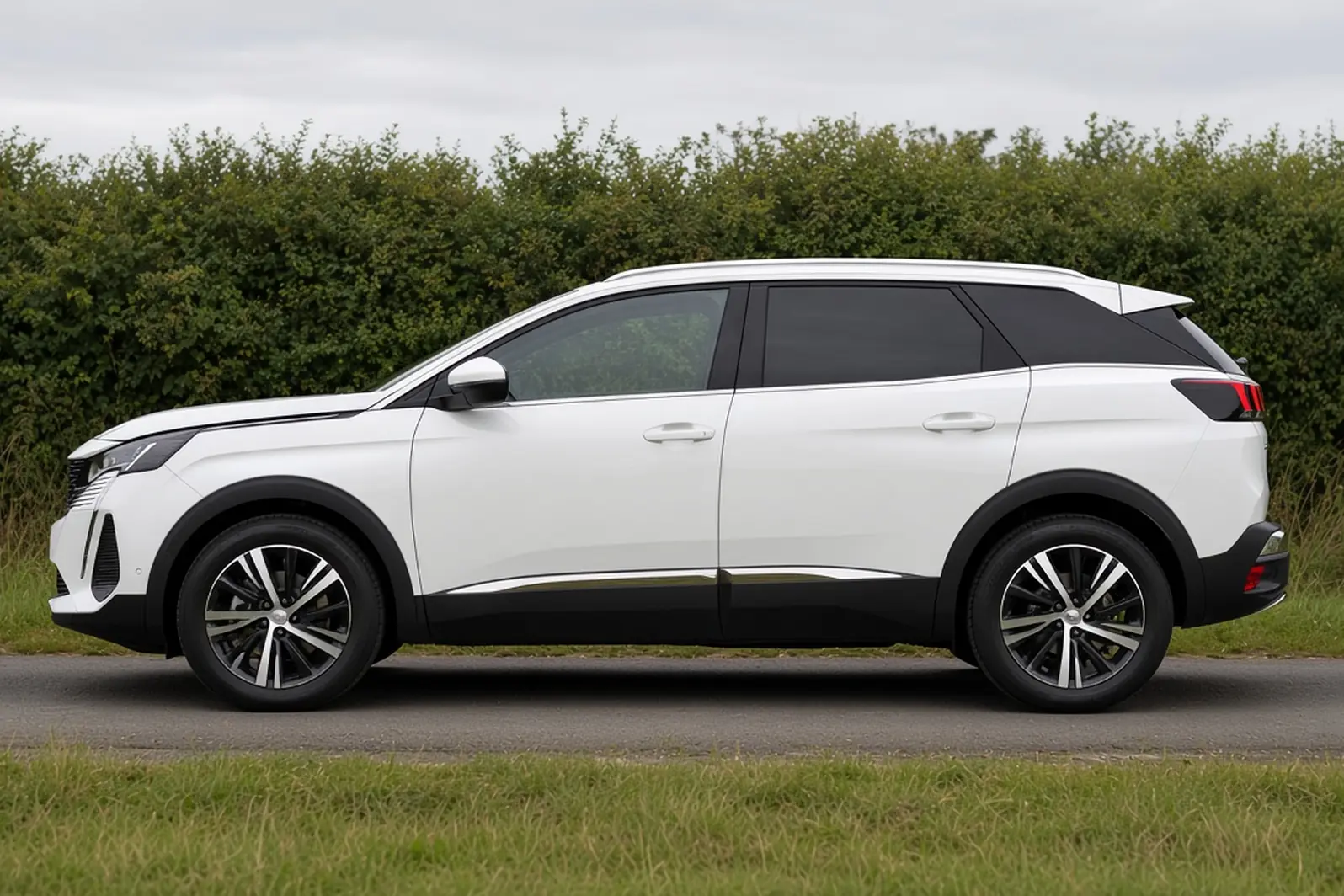 Peugeot 3008 second generation in Pearlescent White, side view on a British country lane, the whole SUV visible