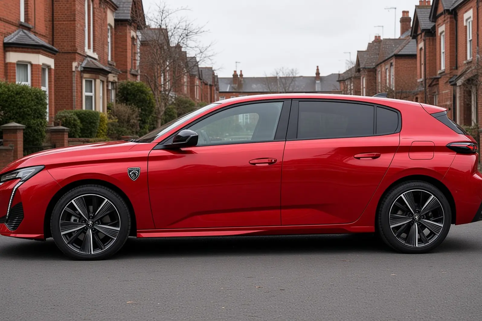 Peugeot 308 third generation in Elixir Red, side view on a British residential street, the whole hatchback visible