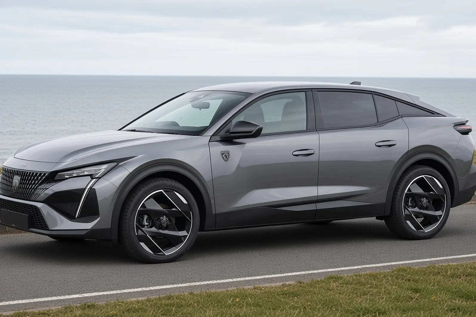 Peugeot 408 fastback in Cumulus Grey, side view on a British coastal road, the whole car visible
