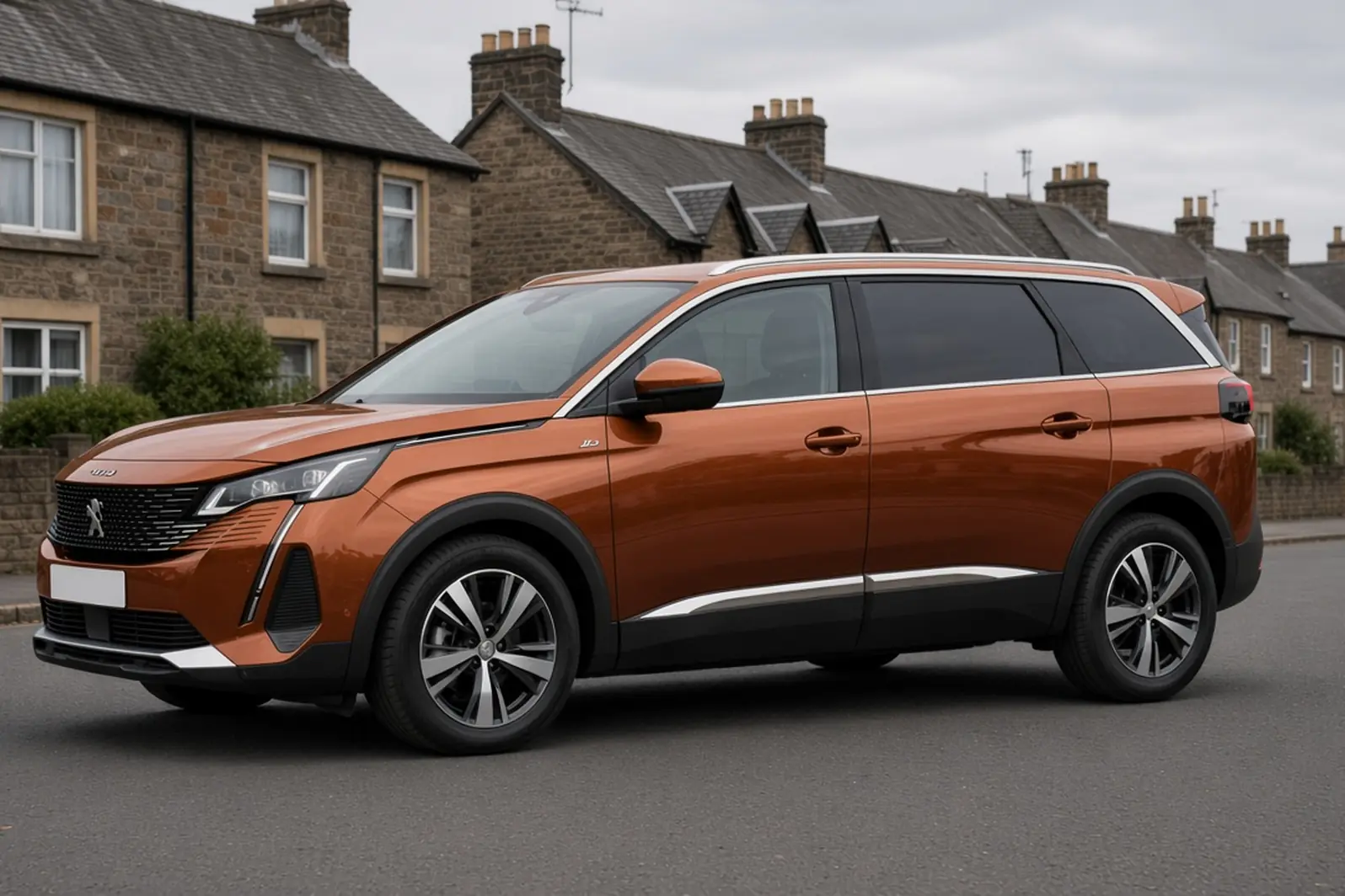 Peugeot 5008 second generation in Sunset Copper, side view on a British residential street, the whole seven-seat SUV visible