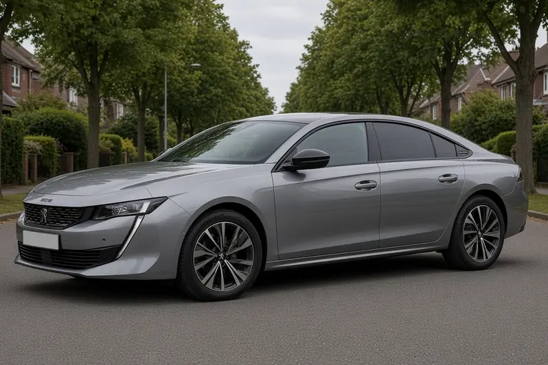 Peugeot 508 second generation fastback in Cumulus Grey, side view on a British avenue, the whole saloon visible