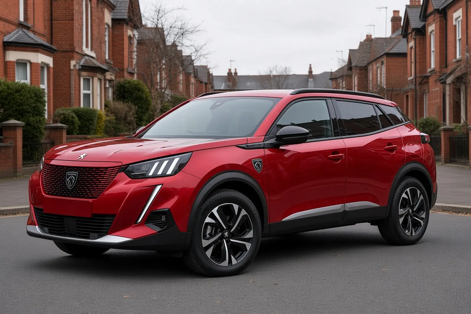 Peugeot e-2008 second generation facelift in Elixir Red on a British town street, front three-quarter view, the whole small SUV visible