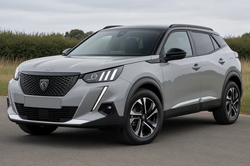 Peugeot 2008 second generation facelift in Cumulus Grey on a British A-road, front three-quarter view, the whole small SUV visible