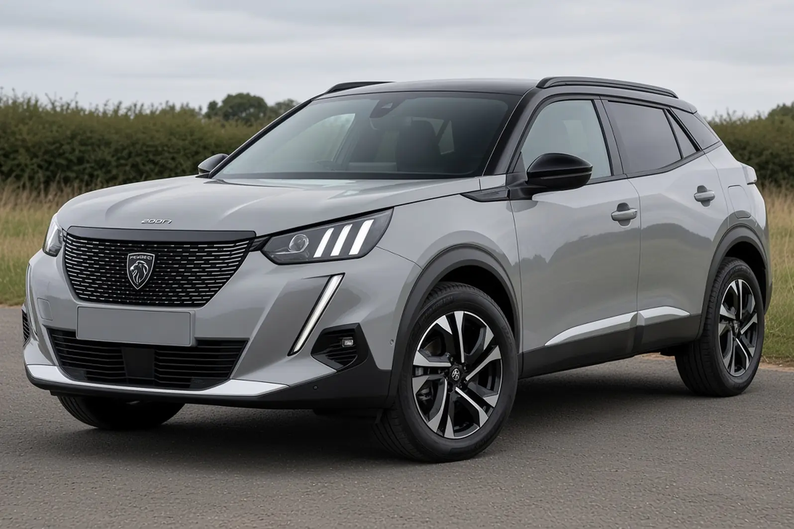 Peugeot 2008 second generation facelift in Cumulus Grey on a British A-road, front three-quarter view, the whole small SUV visible