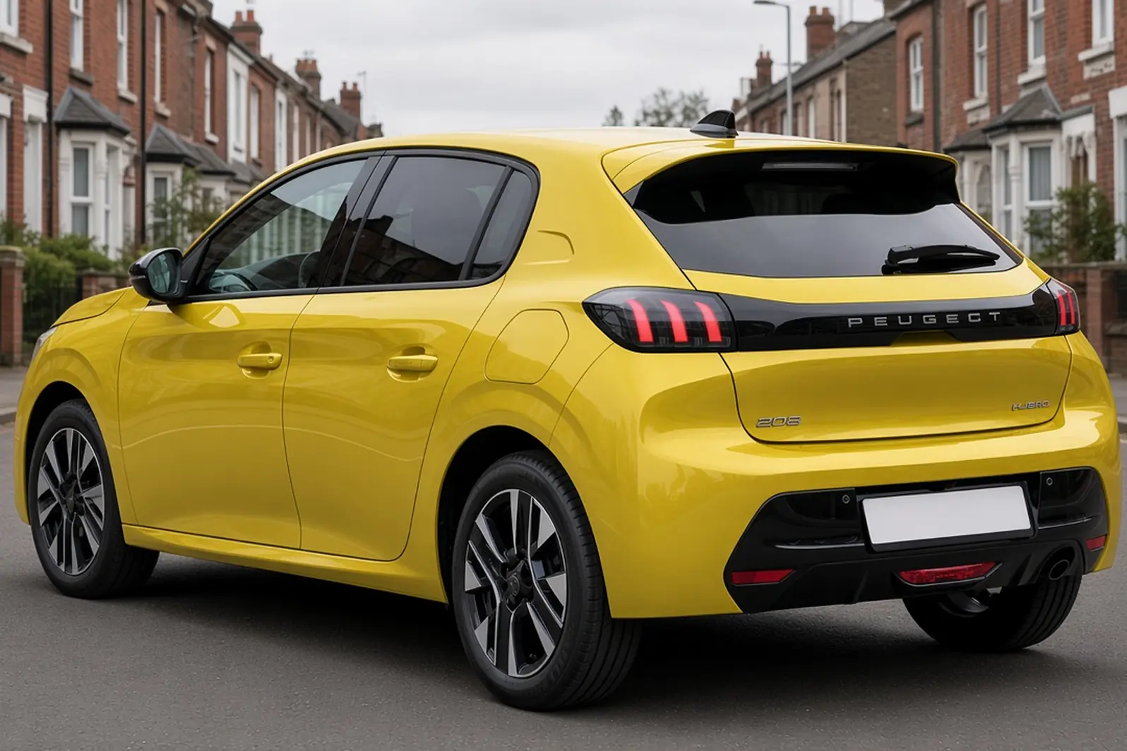 Peugeot 208 second generation facelift in Agueda Yellow on a British side street, rear three-quarter view, the whole hatchback visible