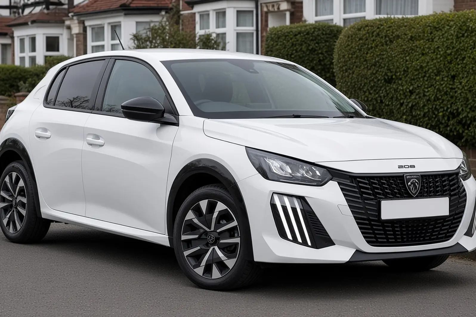 Peugeot 208 second generation facelift in Okenite White on a British residential street, front three-quarter view, the whole hatchback visible