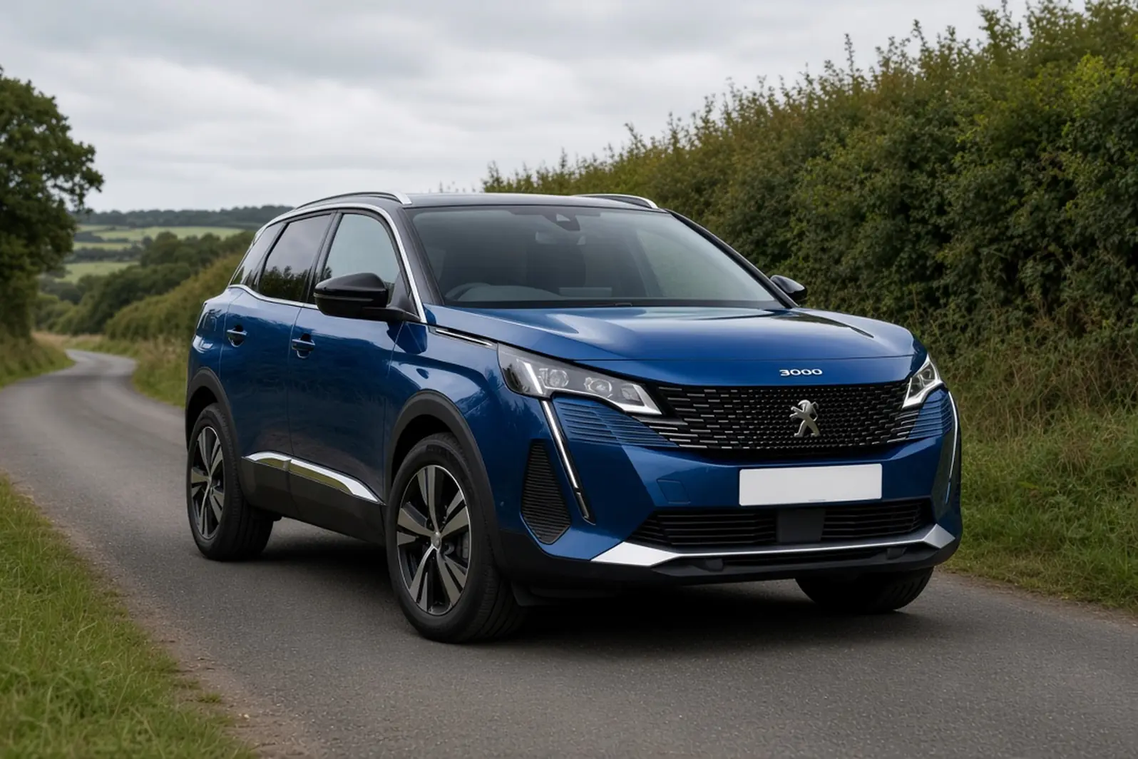 Peugeot 3008 second generation in Celebes Blue on a British country lane, front three-quarter view, the whole SUV visible