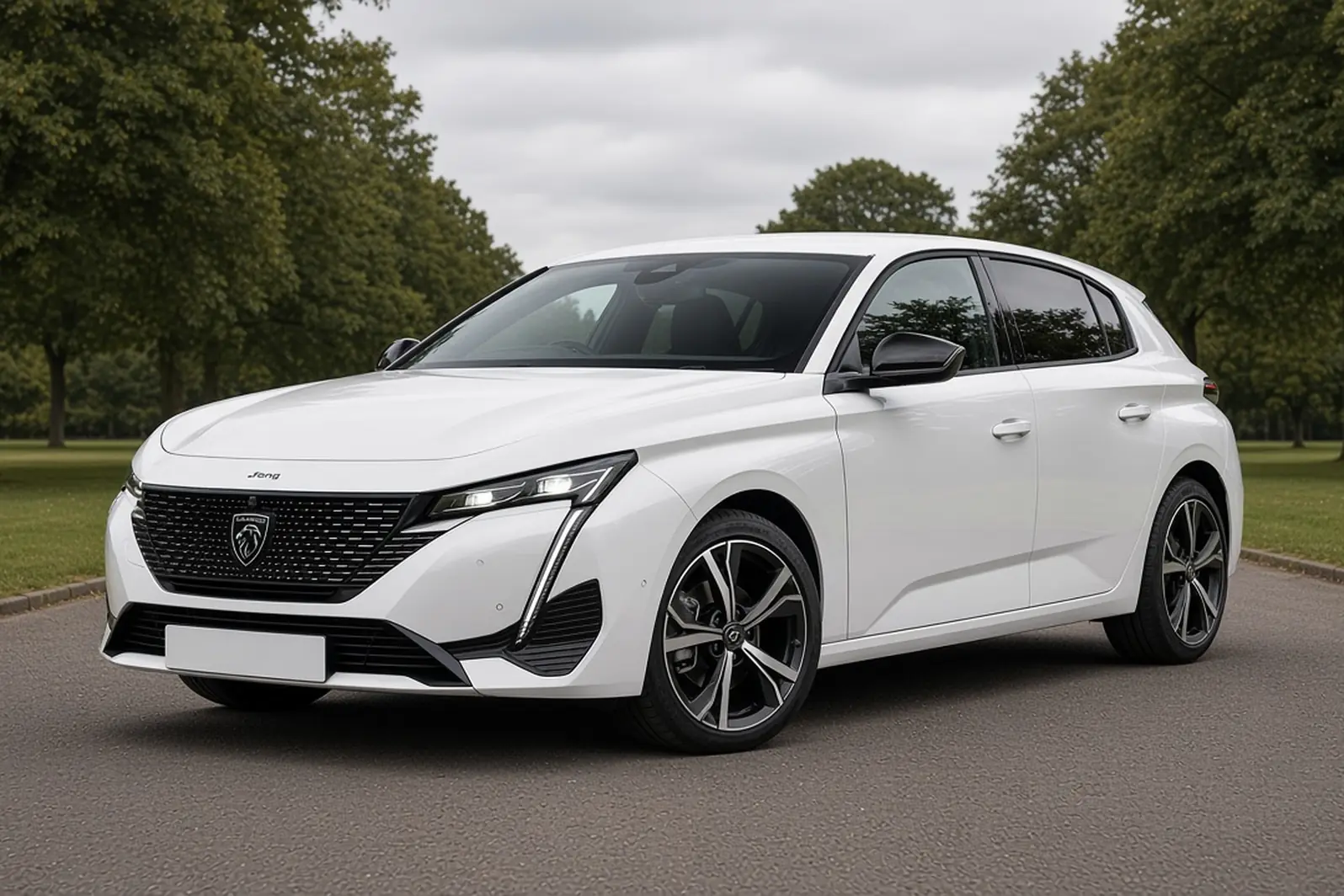 Peugeot 308 third generation in Okenite White on a British road beside trees, front three-quarter view, the whole hatchback visible