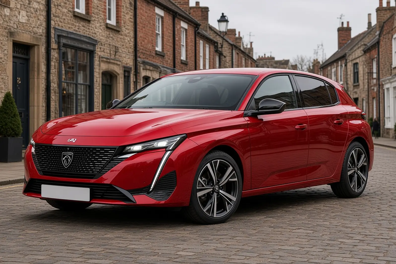 Peugeot 308 third generation in Elixir Red on a British town street, front three-quarter view, the whole hatchback visible