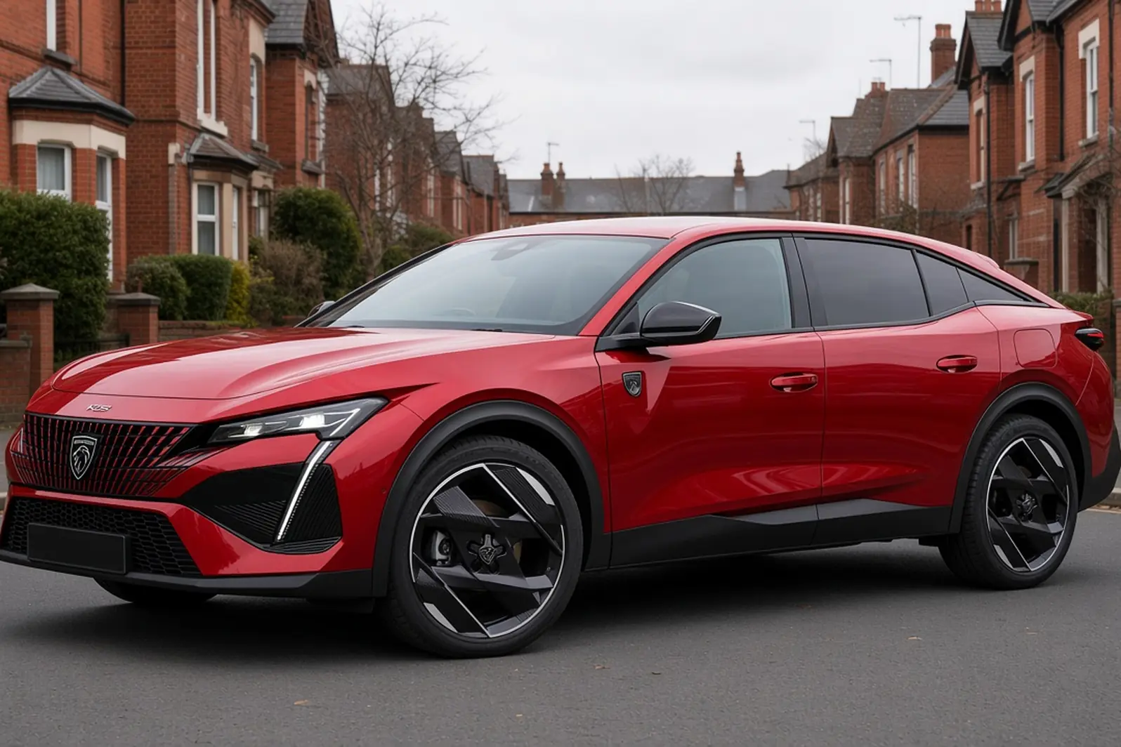 Peugeot 408 plug-in hybrid fastback in Elixir Red on a British driveway, front three-quarter view, the whole car visible