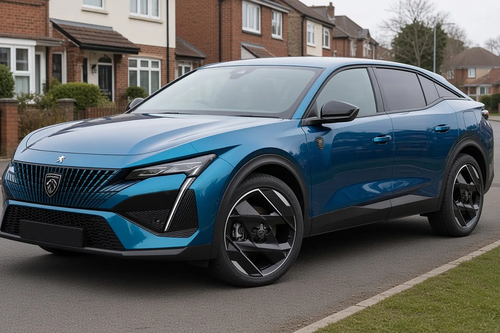 Peugeot 408 fastback in Obsession Blue on a British suburban street, front three-quarter view, the whole car visible