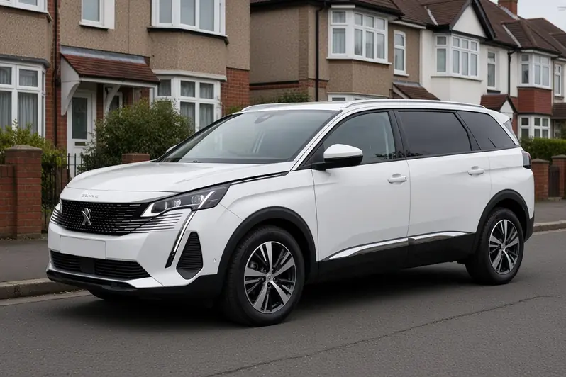 Peugeot 5008 second generation in Pearlescent White on a British residential street, front three-quarter view, the whole seven-seat SUV visible