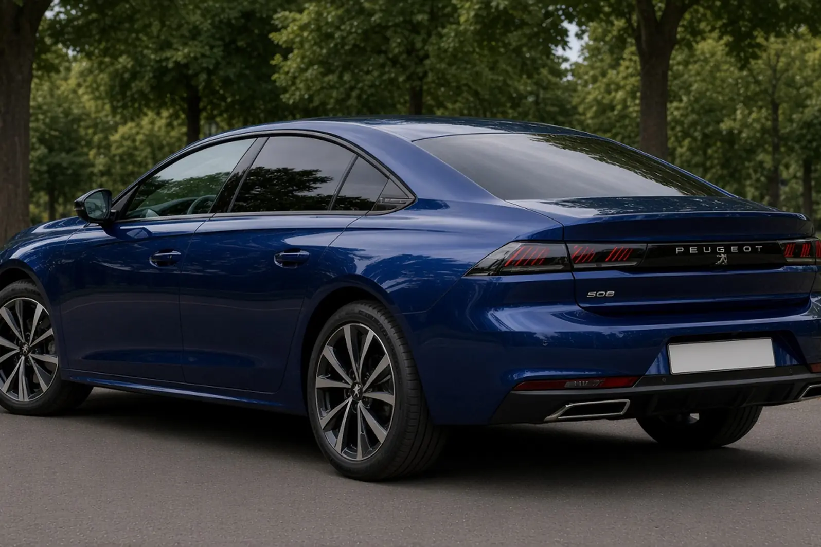 Peugeot 508 second generation fastback in Eclipse Blue on a British avenue, rear three-quarter view, the whole saloon visible