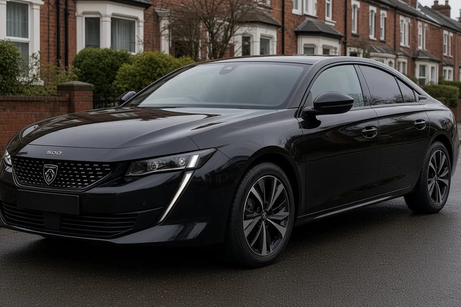 Peugeot 508 second generation plug-in hybrid fastback in Titane Grey on a British residential street, front three-quarter view, the whole saloon visible