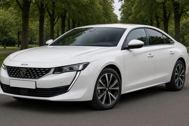 Peugeot 508 second generation fastback in Okenite White on a British avenue, front three-quarter view, the whole saloon visible