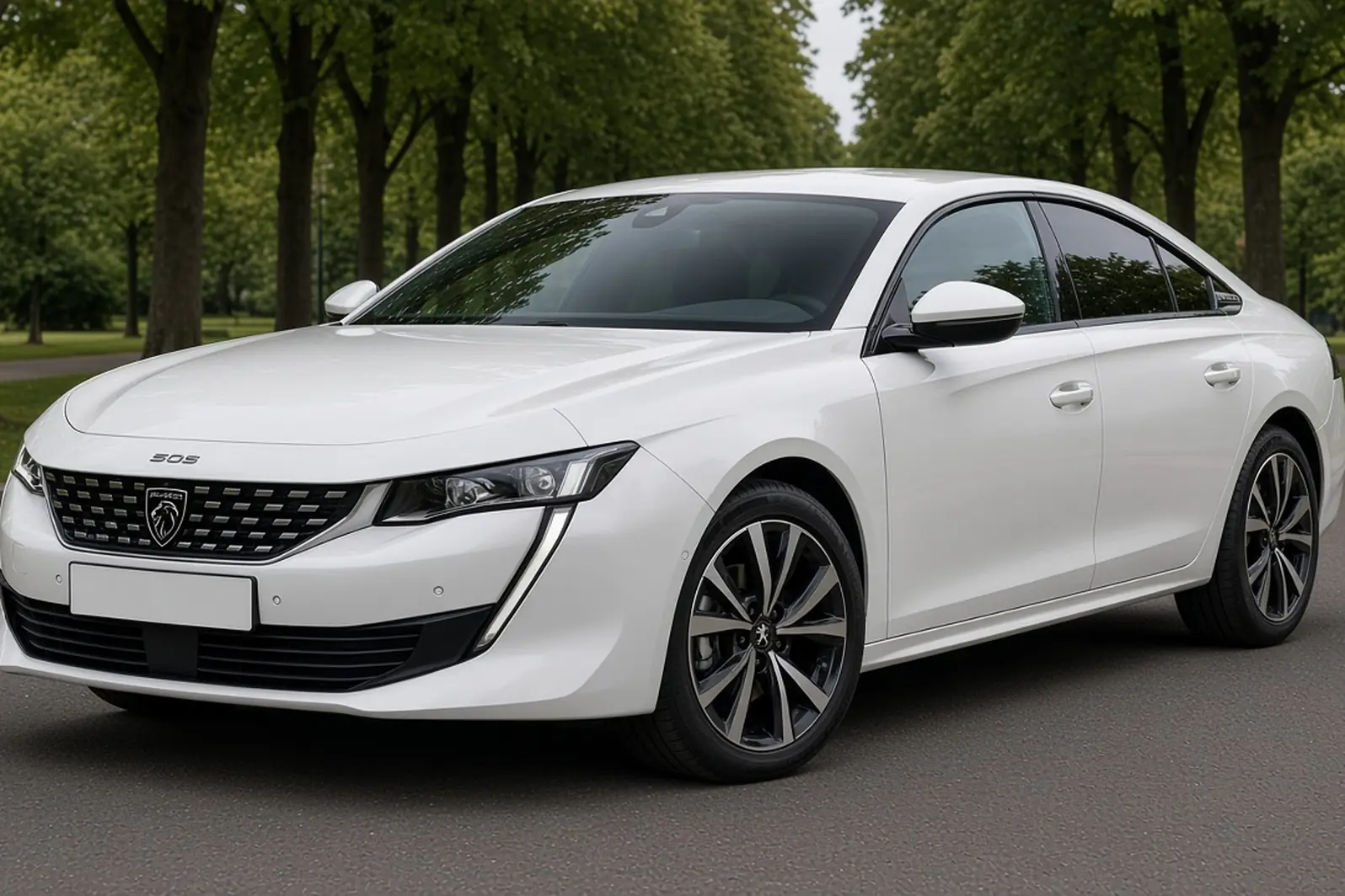 Peugeot 508 second generation fastback in Okenite White on a British avenue, front three-quarter view, the whole saloon visible